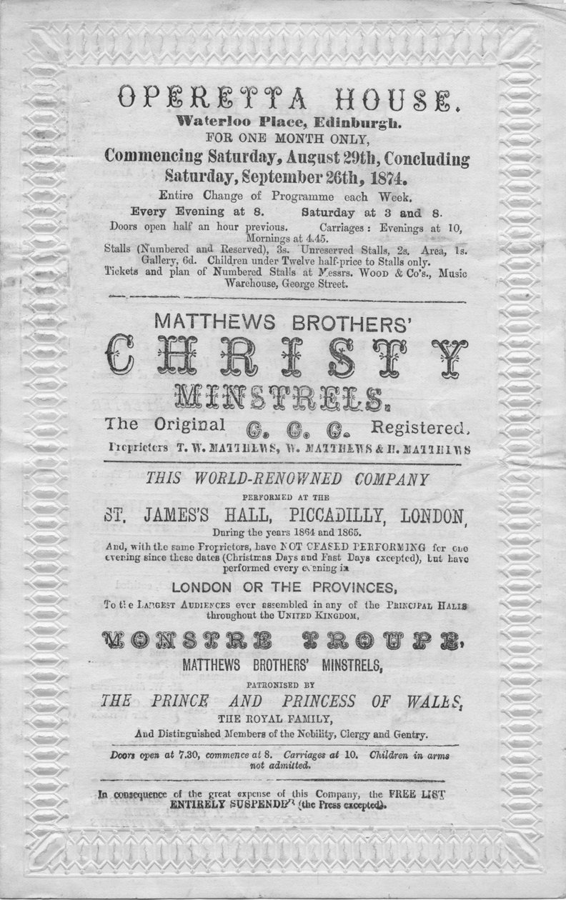 Az 1874-es edinburgh-i Waterloo Place-i Operett House-ban színpadra kerülő rendezvények programja alkotó: Unbekannt