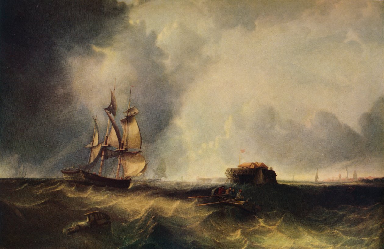 Egy hajó és férfiak egy evezős csónakban Calais mellett, 1830, 1938 alkotó: Unbekannt