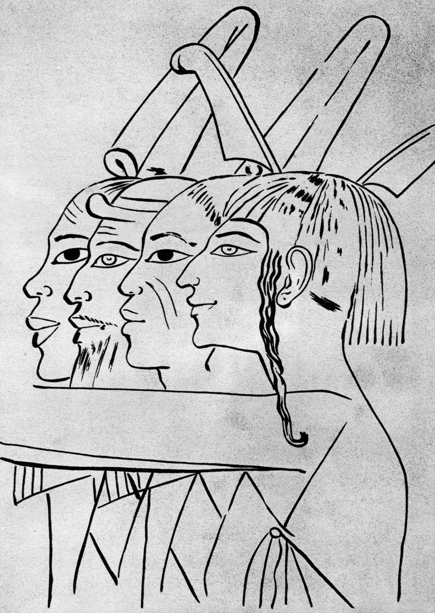 Vázlat afrikai és ázsiai férfiakról I. Széti király sírjából, Théba, Egyiptom, 1936 alkotó: Unbekannt