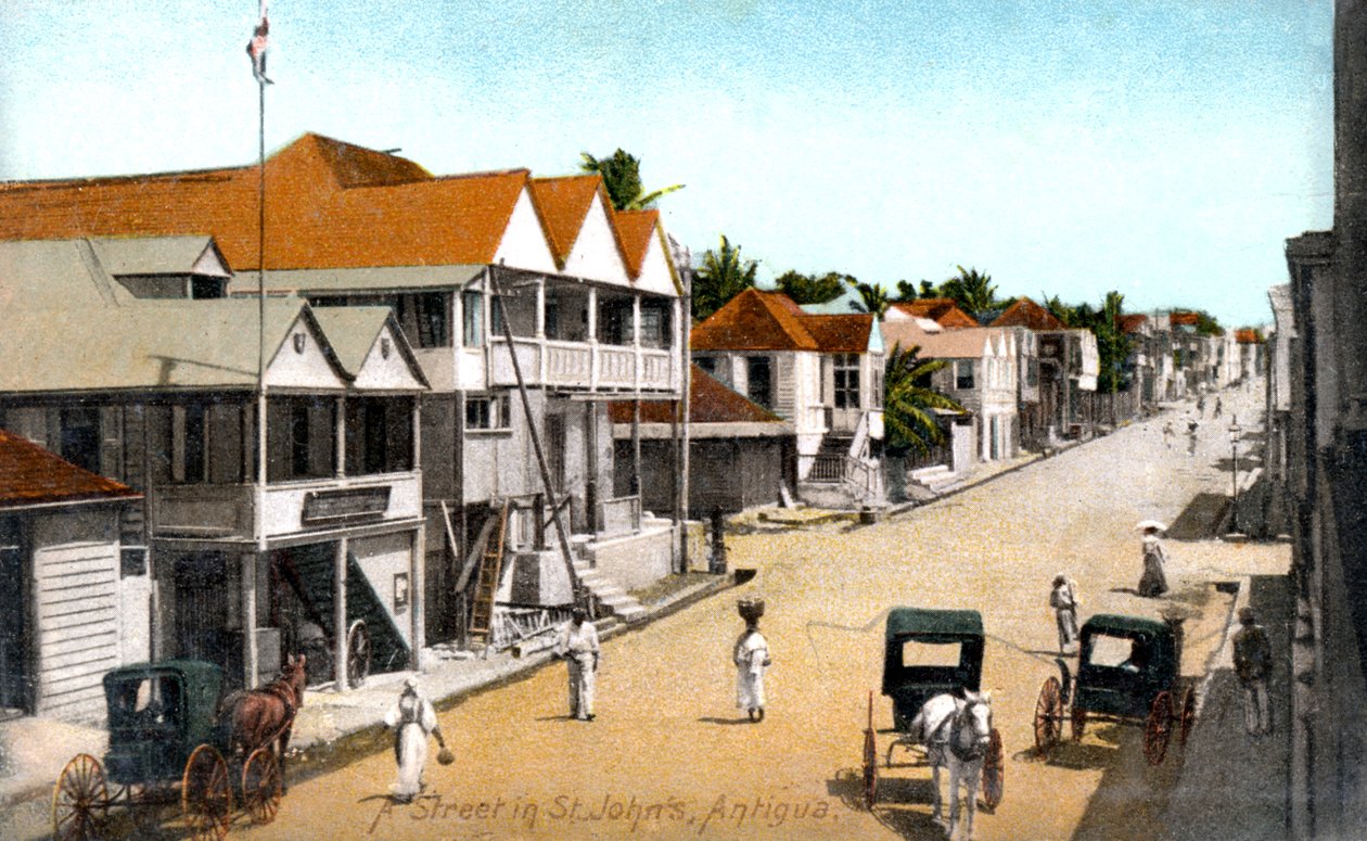 Egy utca St.Johnsban, Antiguában, az 1900-as években alkotó: Unbekannt