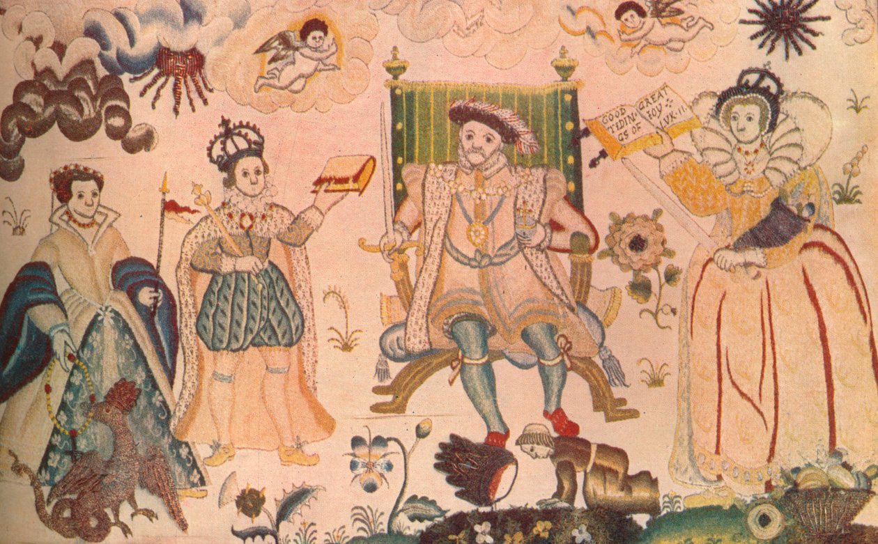 Egy kárpit VIII. Henrik, VI. Edward és I. Erzsébet ábrázolásával. Erzsébet-korabelinek gondolják, 1914 alkotó: Unbekannt