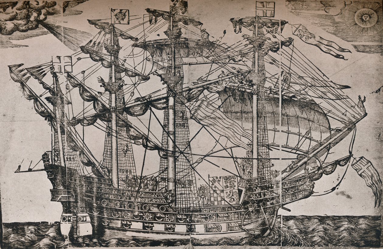 Egy fametszet egy hajóról, amelyről úgy tartják, hogy The Ark Royal, c1587 alkotó: Unbekannt