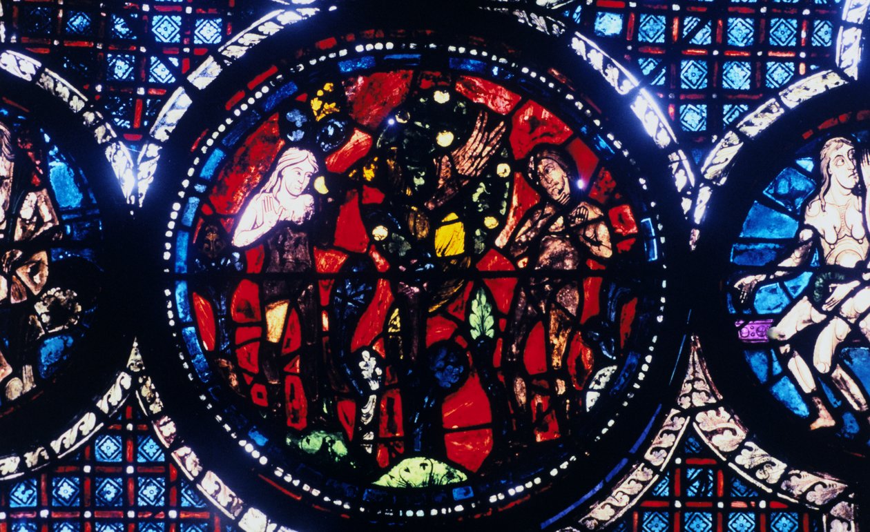 Ádám és Éva Az ember bukása, ólomüveg, Chartres-i katedrális, Franciaország, 1194-1260 alkotó: Unbekannt