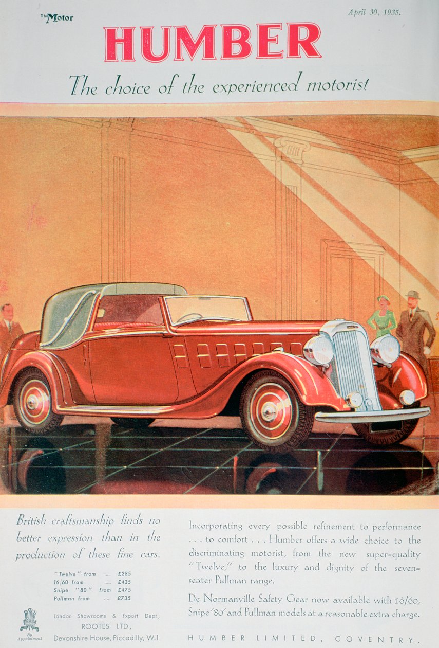 Humber autók hirdetése, 1935 alkotó: Unbekannt