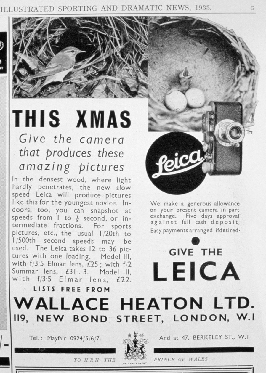 A Wallace Heaton Ltd. által értékesített Leica fényképezőgépek hirdetése, New Bond Street, London, 1933 alkotó: Unbekannt