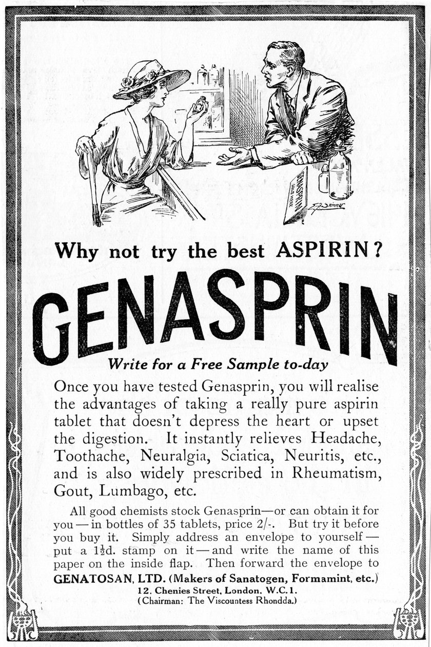 A Genasprin, az Aspirin gyógyszer szabadalmaztatott márkájának reklámja. 1919 alkotó: Unbekannt