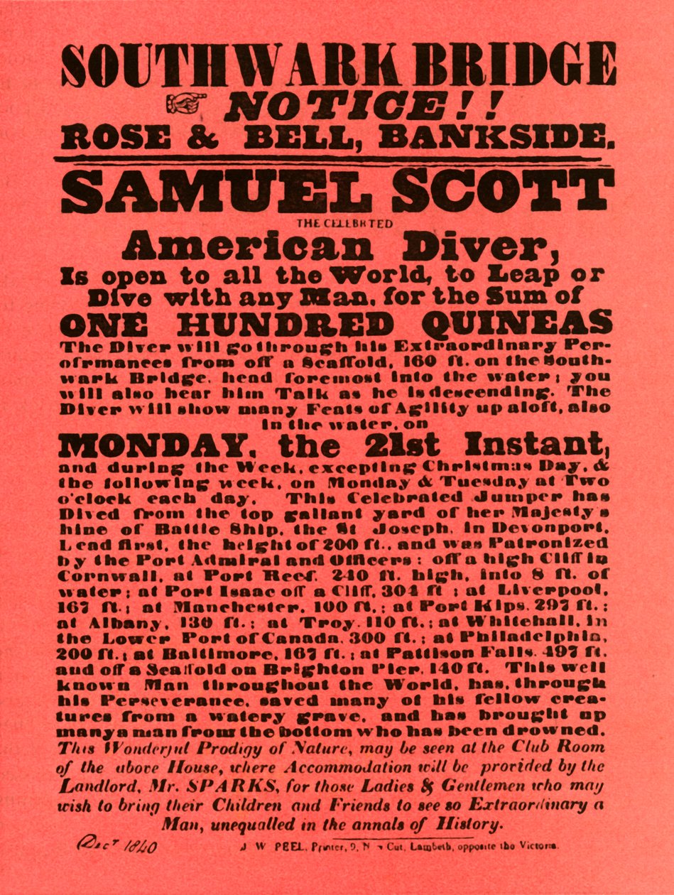 Samuel Scott kaszkadőrműsorainak reklámja, 1840, 1948. alkotó: Unbekannt
