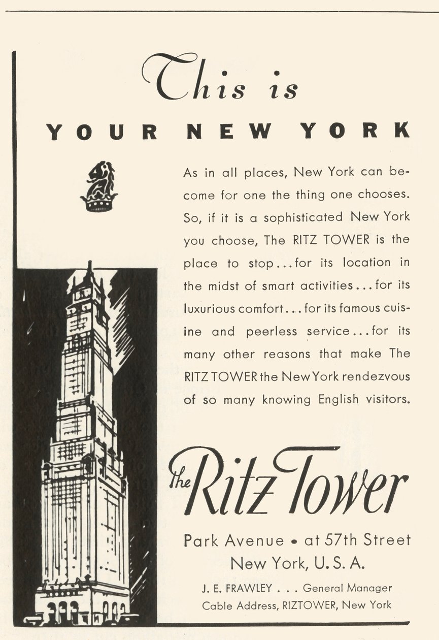 A New York-i Ritz Tower Hotel hirdetése, 1934. alkotó: Unbekannt