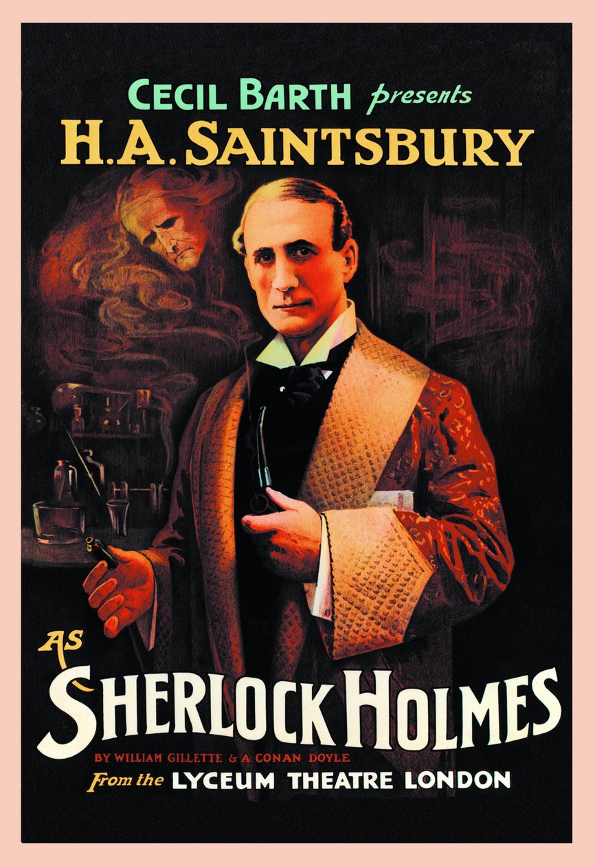 William Hooker Gillette (1853-1937) és Arthur Conan Doyle (1859-1930) "Sherlock Holmes" színházi darabja: "Cecil Barth bemutatja H A Saintsburyt (Harry Arthur Saintsbury 1869-1939), mint Sherlock Holmes" Theatre London, 1903 alkotó: Unbekannt