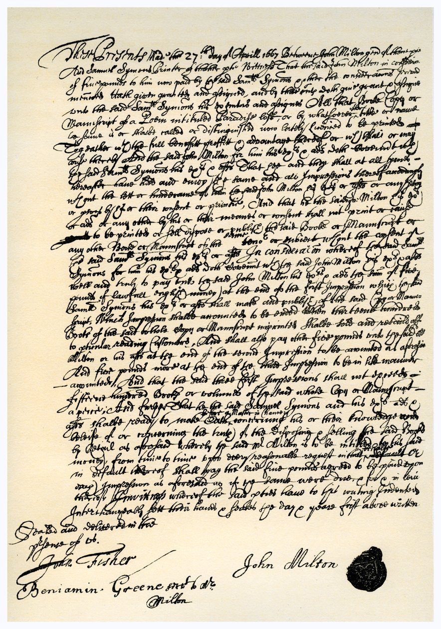 Megállapodás John Millton és Samuel Symons között, 1667. április 27 alkotó: Unbekannt