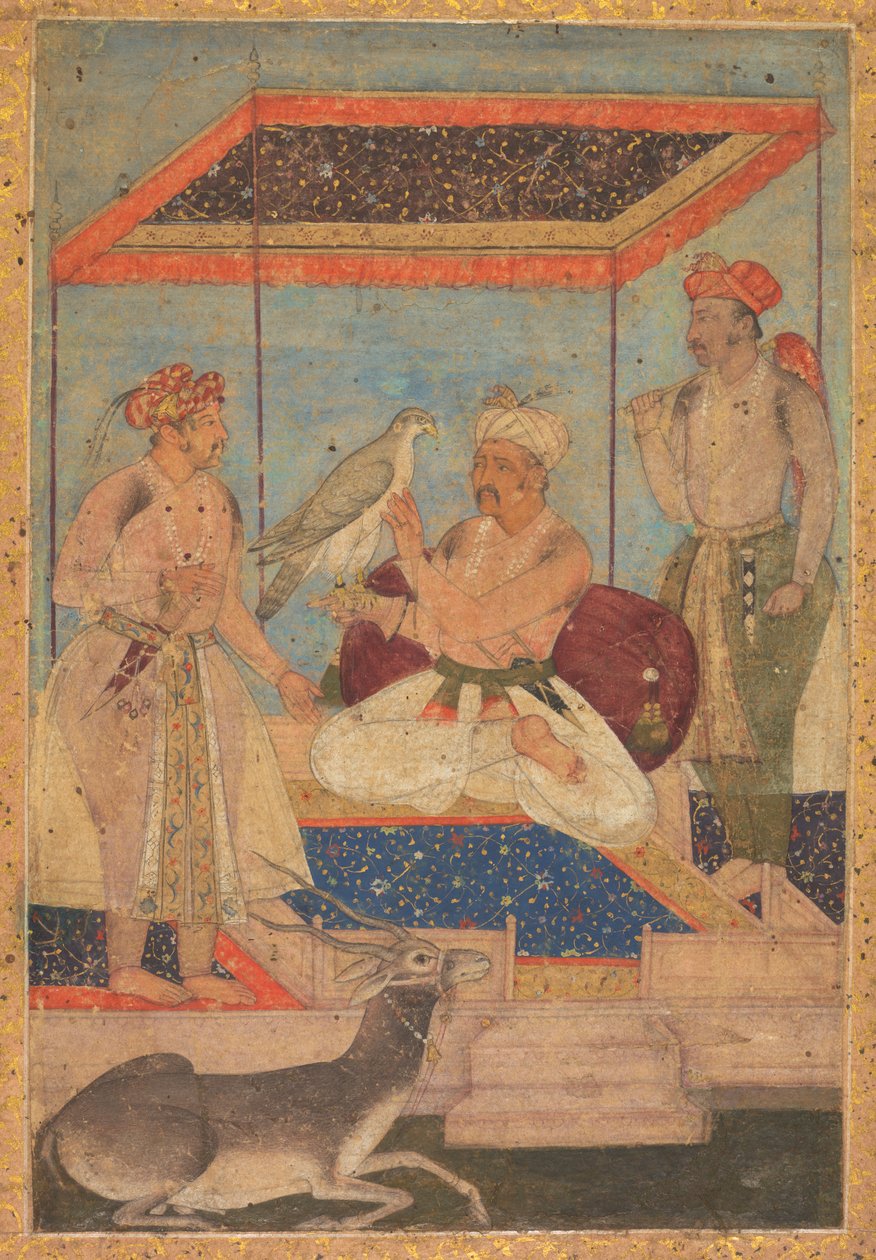 Akbar és Jahangir megvizsgál egy Ghir sólymot, miközben Khusrau herceg áll mögötte, c. 1602-1604. alkotó: Unbekannt