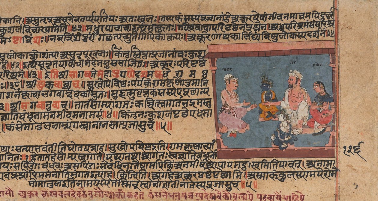 Akrura tájékoztatja Nandát és Yasodát: Oldalak egy szétszórt Bhagavata Puránából..., kb. 1630-50. alkotó: Unbekannt