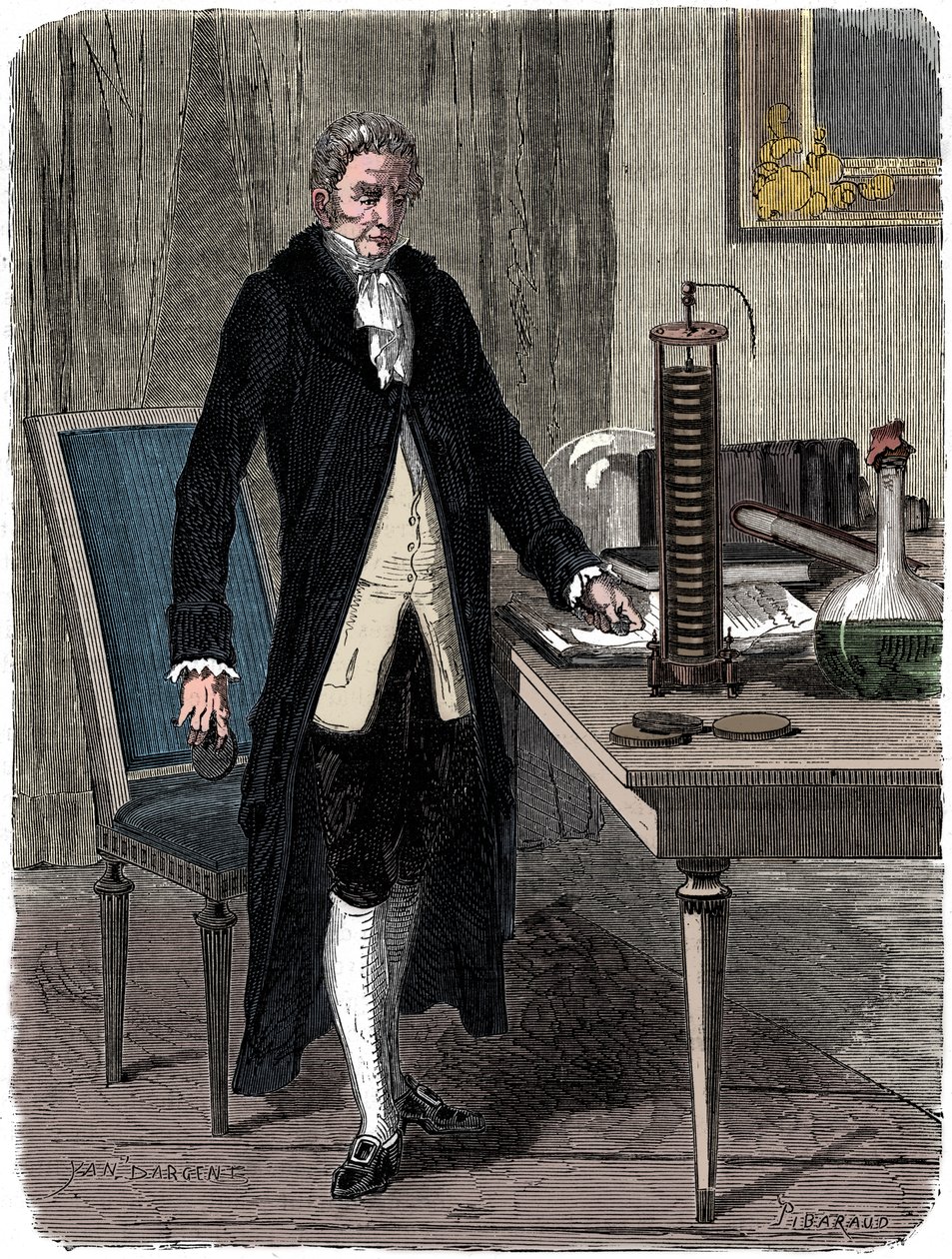 Alessandro Volta olasz fizikus bemutatja az elektromos cölöp akkumulátorát, c1800 c1870 alkotó: Unbekannt