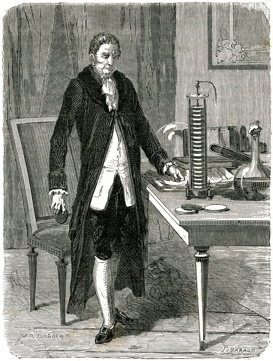 Alessandro Volta olasz fizikus bemutatja az elektromos cölöp akkumulátorát, c1800 c1870 alkotó: Unbekannt