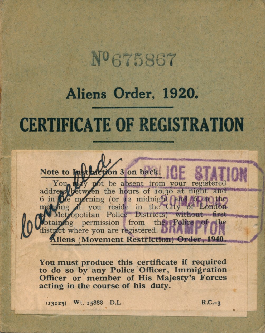 Idegenrendelet, Bejegyzési bizonyítvány, 1920 alkotó: Unbekannt