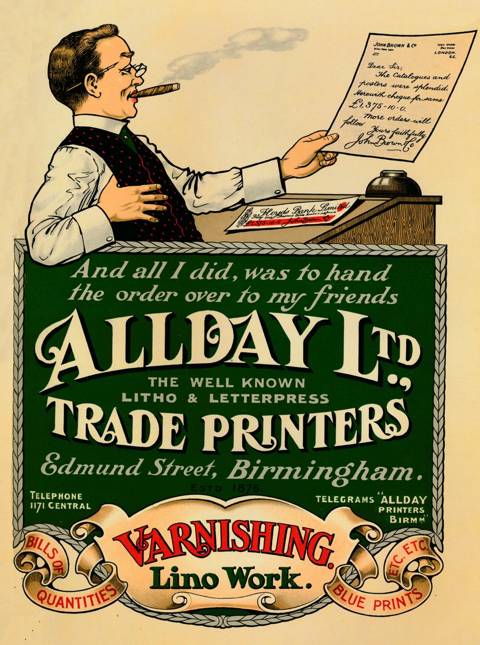 Allday Kft., Trade Printers hirdetés, 1910 alkotó: Unbekannt