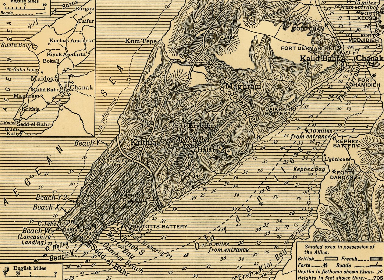 Szövetséges állások a törökországi Gallipoli-félszigeten, első világháború, 1915. július, 1920 körül. alkotó: Unbekannt
