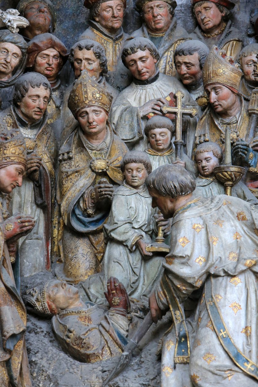 Amiens Szent Firmin ereklyéinek fordítása. A mártír maradványainak exhumálása. A fekvő Adrien Henencourt felett található St. Firmin történetének részlete. Amiens-i katedrális, Amiens, Franciaország alkotó: Unbekannt