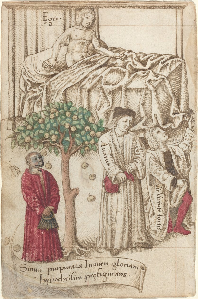 Lila majom egy beteg emberrel, egy jó emberrel és egy fösvényrel [fol. 36 verso], c. 15121515. alkotó: Unbekannt