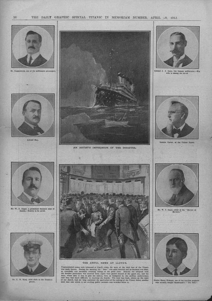 A művészek benyomása a katasztrófáról és a szörnyű hírek a Lloydsban, 1912. április 20. alkotó: Unbekannt