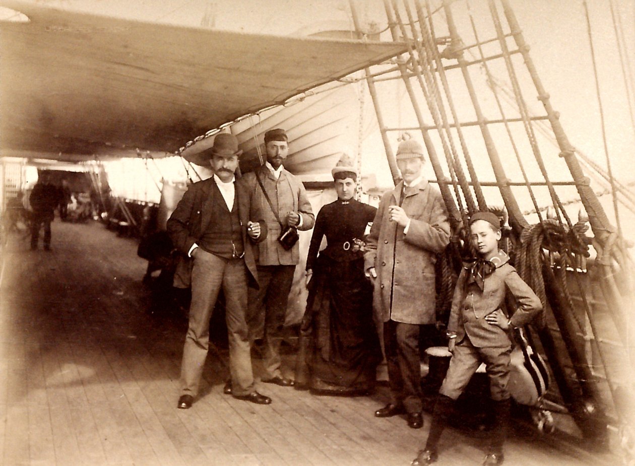 A Fulda fedélzetén D. Blottnitz, Dr. Hildebrand Koch, Kirchner és Wilh. Mallinkrodt átkel az Atlanti -óceánon a Steamer Fulda fedélzetén alkotó: Unbekannt