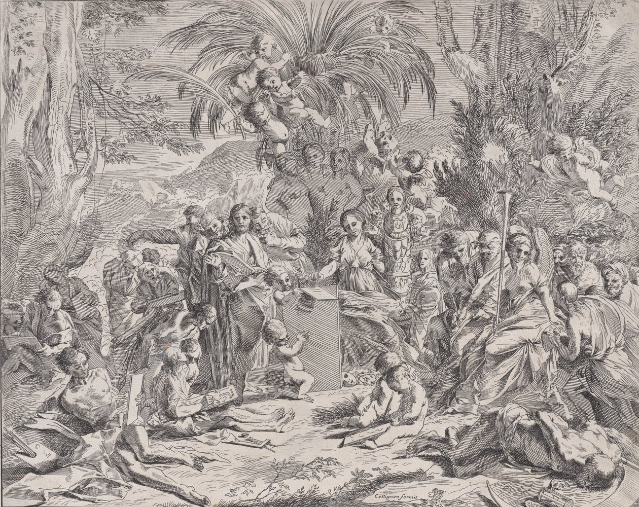 A festészet allegóriája, aki gyerekként a bal középen táblára rajzol, surrou..., 1650-1700. alkotó: Unbekannt