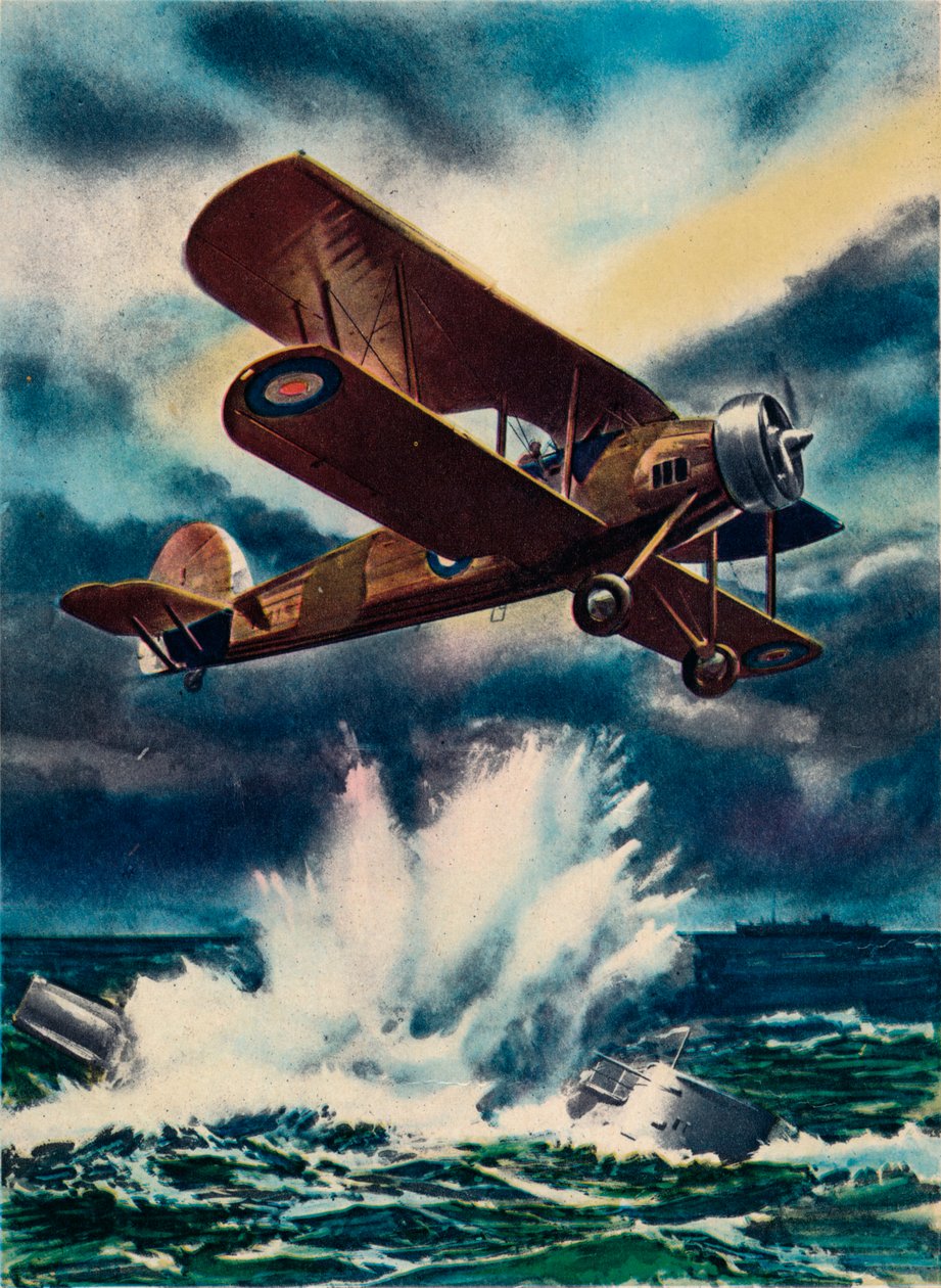 A művész benyomása egy Fairey Swordfishről, amint elsüllyeszt egy U-hajót az Északi-tengeren, 1940 alkotó: Unbekannt