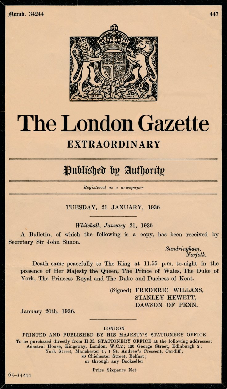 A London Gazette rendkívüli közleménye V. György király haláláról 1865-1936 alkotó: Unbekannt