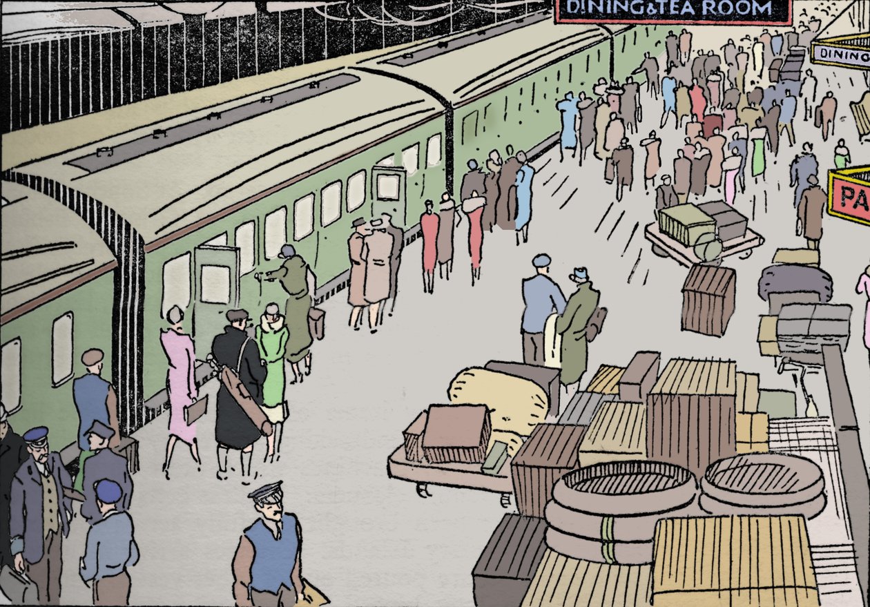 Egy 1930-as évekbeli vasútállomás illusztrációja, 1937 alkotó: Unbekannt