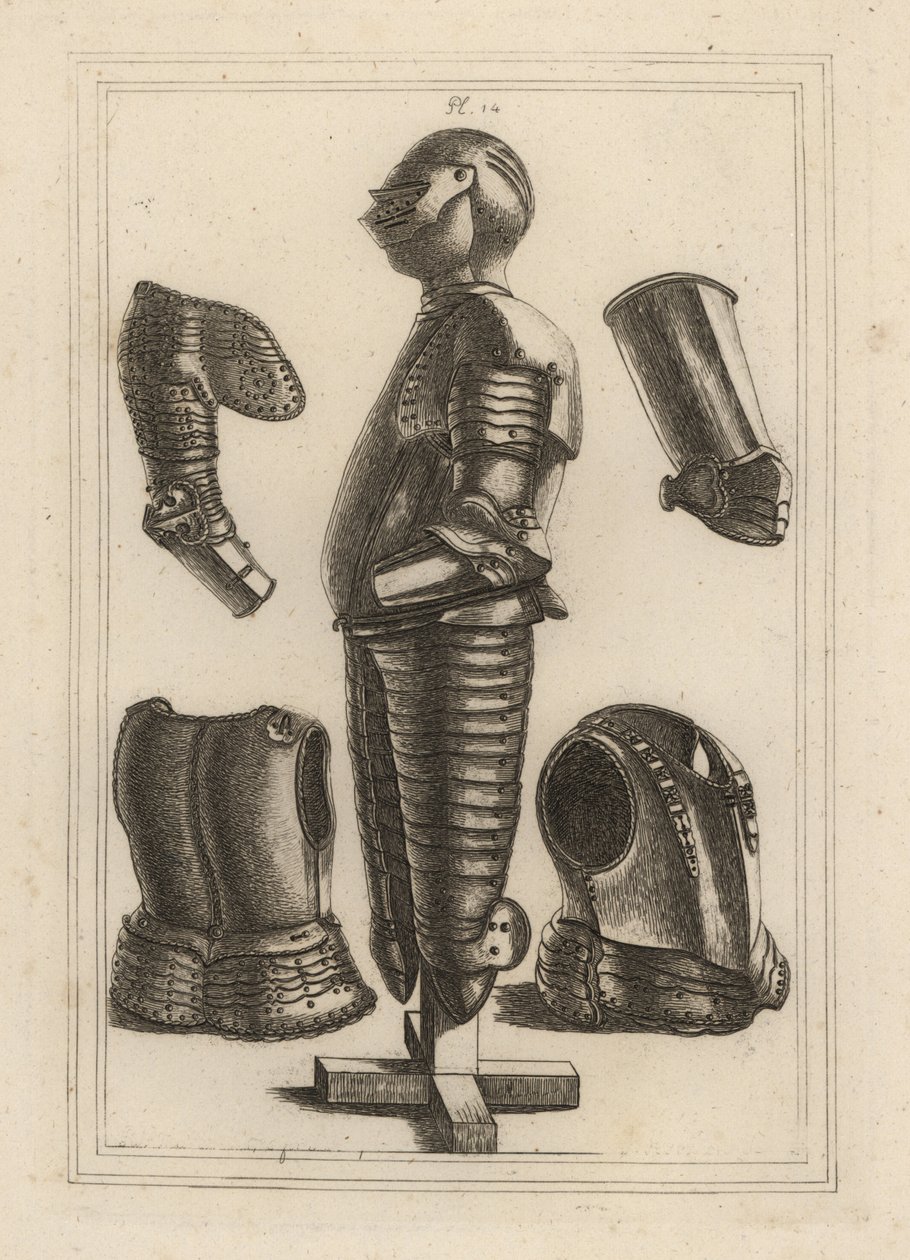 Ősi, fényes páncélruha John de Courcynak, Ulster grófjának 1 és pauldronnak, garde-réz, avant-réz vagy Monmouth hercegének vambrace 2. alkotó: Unbekannt