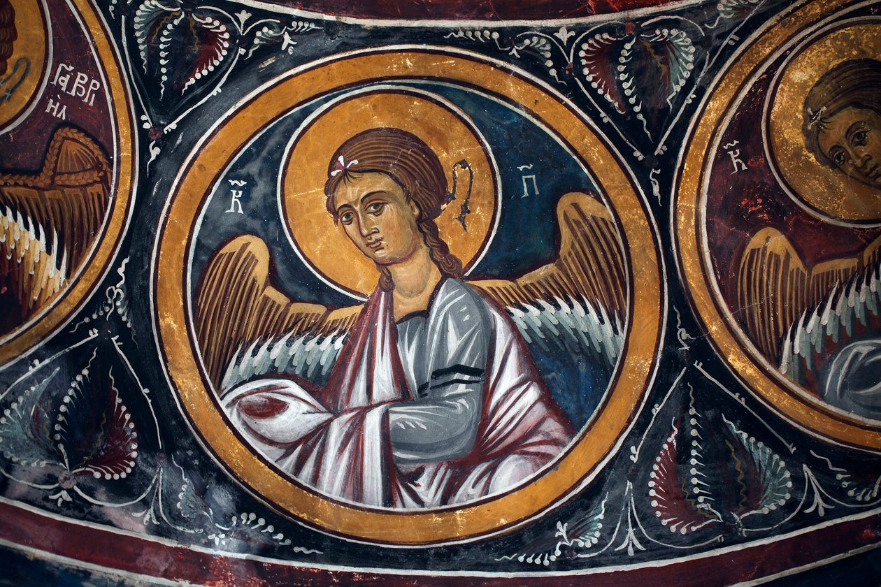Angyalmedallion Krisztus és az utolsó ítélet körül Az Asinou-templom Narthex-boltozatának bizánci freskójának részlete Utolsó ítélet jelenete 14. század (1332) UNESCO, a kulturális világörökség része, Troodos régió, Ciprus alkotó: Unbekannt