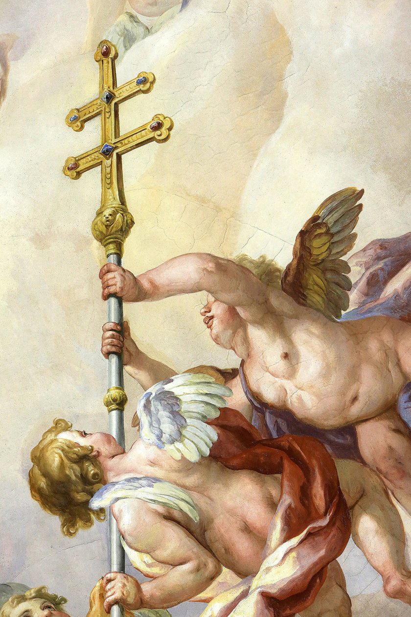 Angyalok kezében egy kereszt. Johann Michael Rottmayrr freskója. Karlskirche. Szent Károly templom, Bécs, Ausztria alkotó: Unbekannt