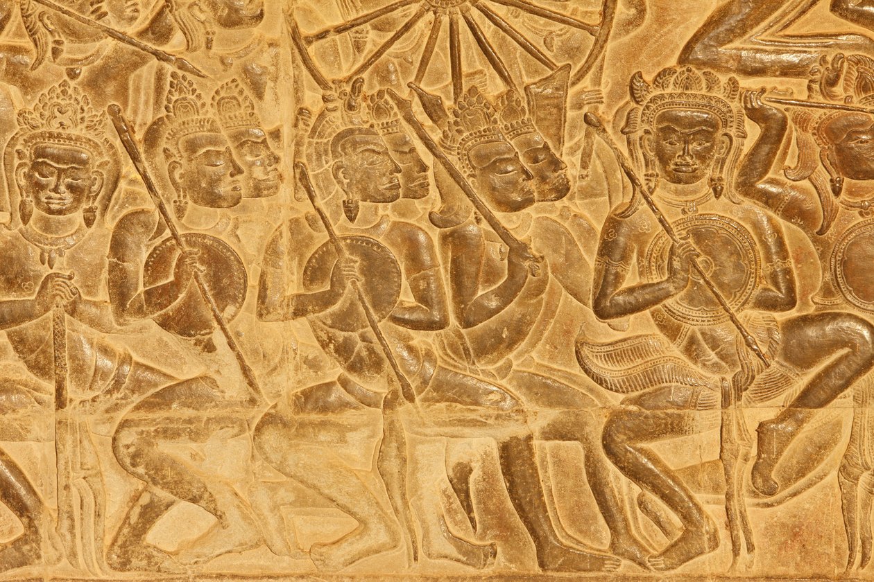 Angkor Wat dombormű-szobor részlete a Kurukshetra csatából, Siem Reap, Kambodzsa alkotó: Unbekannt