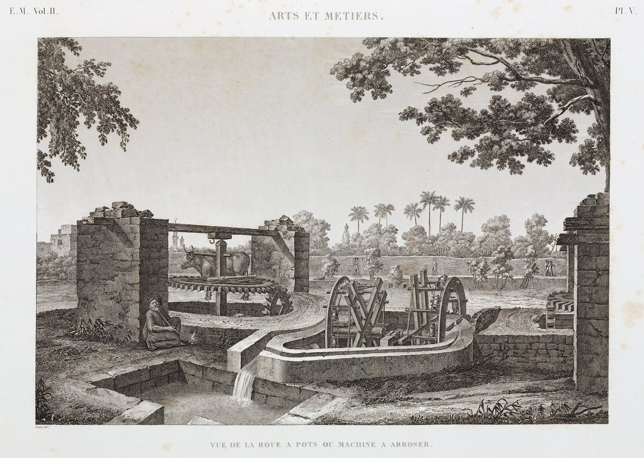 Animal Power Wheel és vödör öntözőrendszer, Egyiptom, 1798 alkotó: Unbekannt