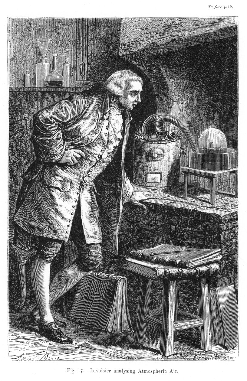 Antoine Laurent Lavoisier francia kémikus, az oxigén létezését a levegőben vizsgálja, 1873 alkotó: Unbekannt
