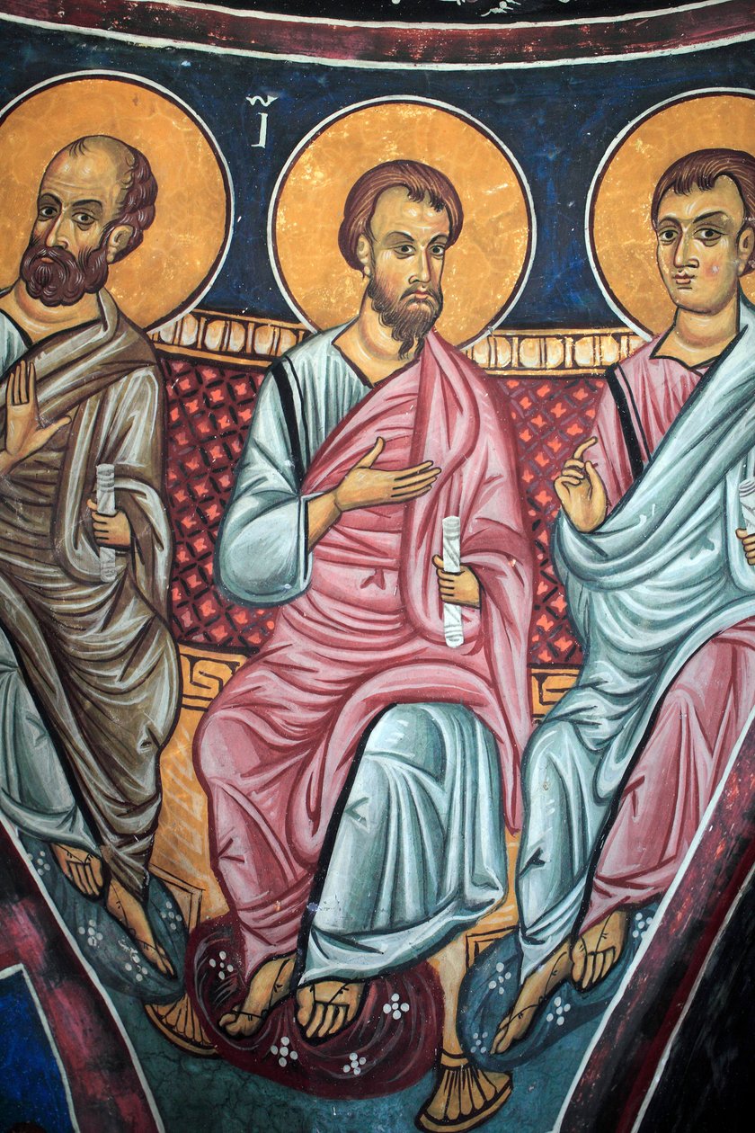 Apostolok ábrázolása Krisztus és az utolsó ítélet körül Az Asinou-templom Narthex-boltozatának bizánci freskójának részlete Utolsó ítélet jelenete 14. század (1332) UNESCO, a kulturális világörökség része, Troodos régió, Ciprus alkotó: Unbekannt