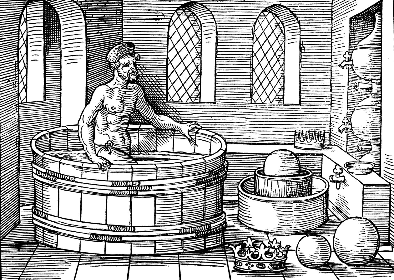 Arkhimédész Kr.e. 287-212, ókori görög matematikus és feltaláló, fürdőjében alkotó: Unbekannt