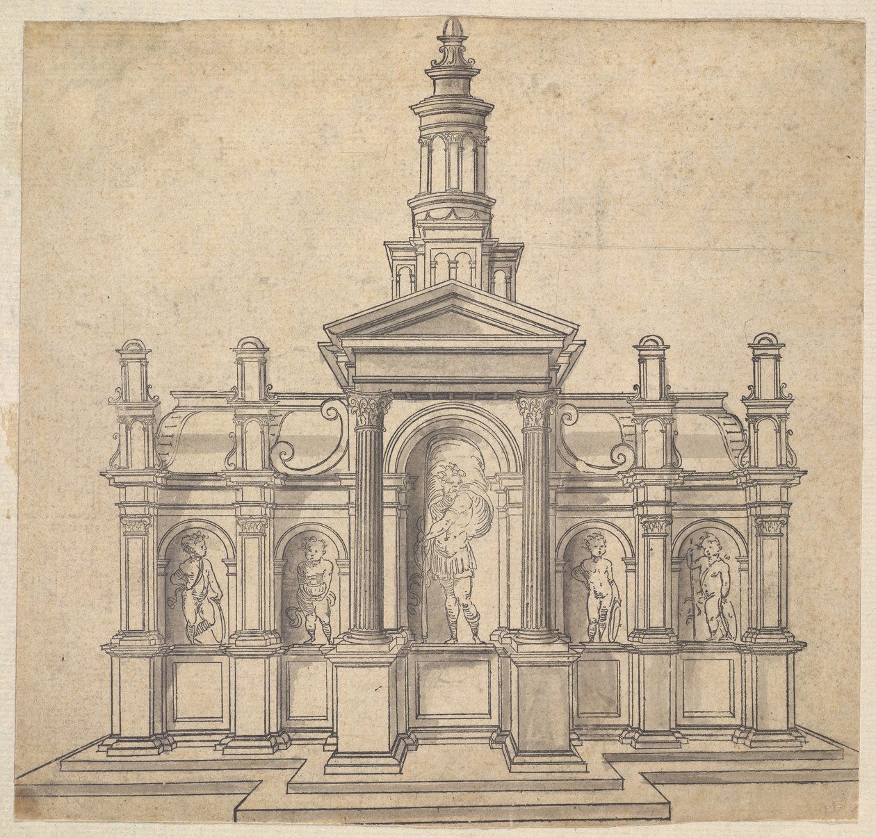 Építészeti formájú tabernákulum egy szenttel és négy puttival, kb. 1530-49. alkotó: Unbekannt