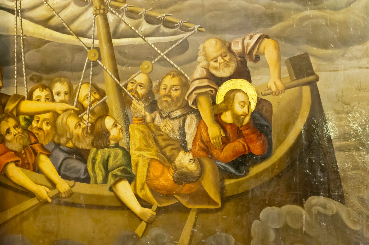 Örmény Apostoli Egyház; Falfestmény; vihar; Jézus tanítványaival a csónakban vihar idején; Betlehemi templom vagy Bedkhem templom; Julfa kerület vagy Jolfa; Iszfahán; Irán; Ázsia alkotó: Unbekannt