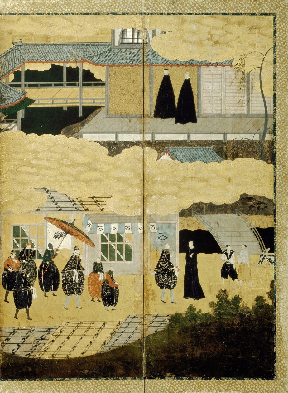 Egy portugál hajó érkezése. Nanban képernyő. Részlet: japán keresztények, kb. 1600 alkotó: Unbekannt
