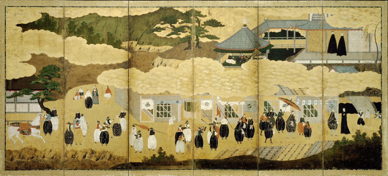 Egy portugál hajó érkezése. Nanban képernyő, kb. 1600 alkotó: Unbekannt