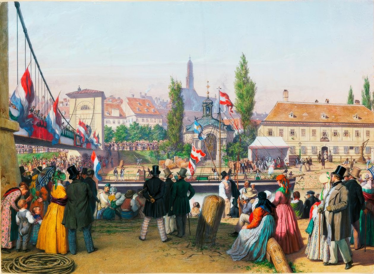 A gőzhajó érkezése a Duna-csatorna állomásra, Bécs, 1845 Akvarell alkotó: Unbekannt