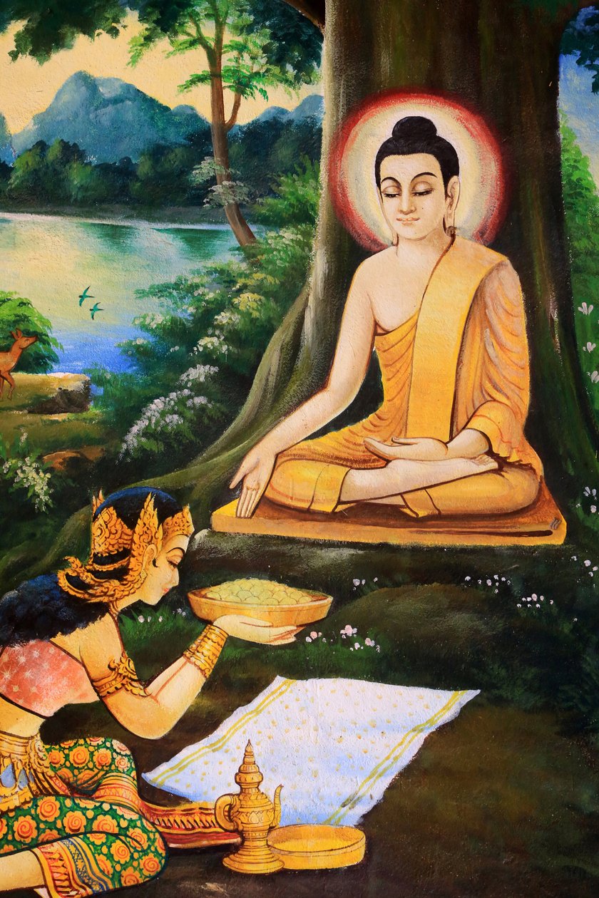 Az aszkéta Buddhát egy tál tejes-rizses étellel kínálta meg Nandabala megvilágosodása reggelén. Sákjamuni Buddha élettörténetét ábrázoló festmény. Wat Ong Teu Mahawihan. Nehéz Bouddha temploma. Ventiane. Laosz, 20151028, Vientiane, Laosz alkotó: Unbekannt