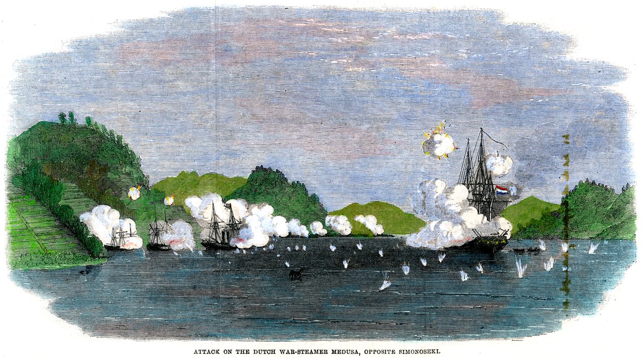 Támadás a Medusa holland hadigőzös ellen, Shimonosekivel szemben, Japán, 1863 alkotó: Unbekannt