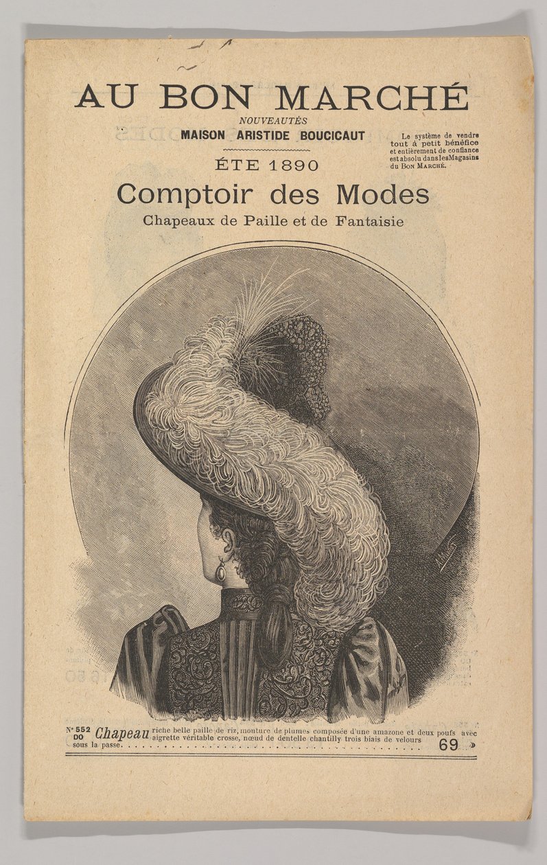 Au Bon Marché-Comptoir des Modes, Díszes szalmakalapok, 1890 nyara, 1890. alkotó: Unbekannt