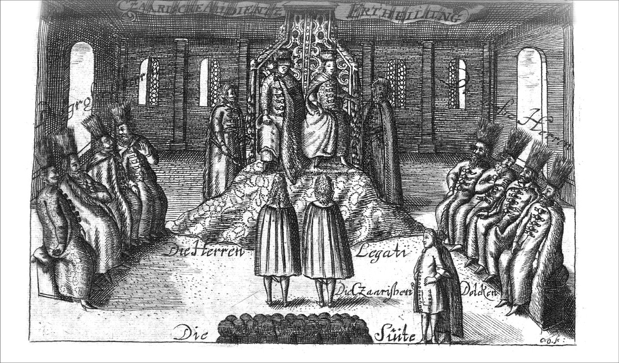 Közönség: V. Iván, I. Péter és Alekszejevna Zsófia, Georg Adam Schleissing Derer beyden Czaaren, Reussland..., 1693 alkotó: Unbekannt