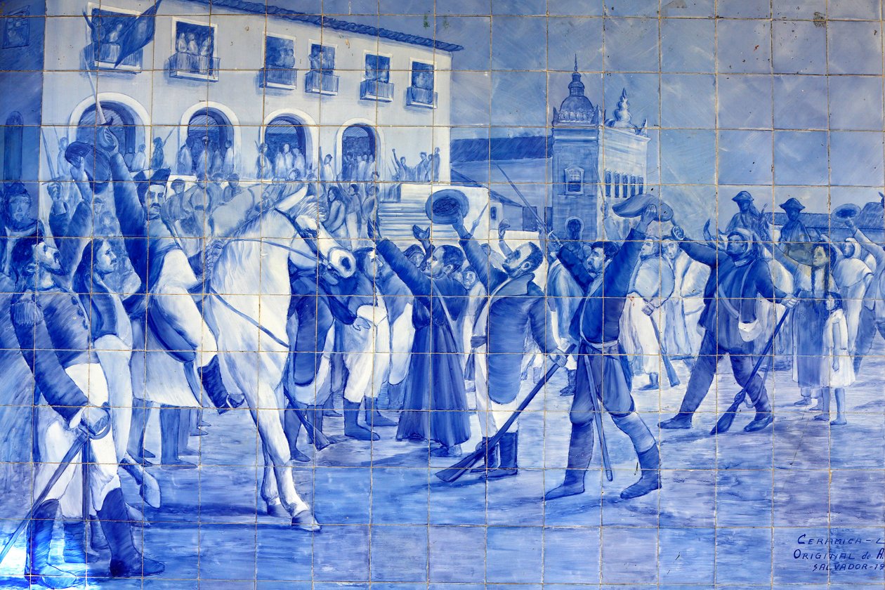 Azulejo mozaik, amely cachoeirai embereket ábrázol, amint Pedro herceg éljenzése, aki Brazíliát függetlenné vezette, Cachoeira, Brazília alkotó: Unbekannt