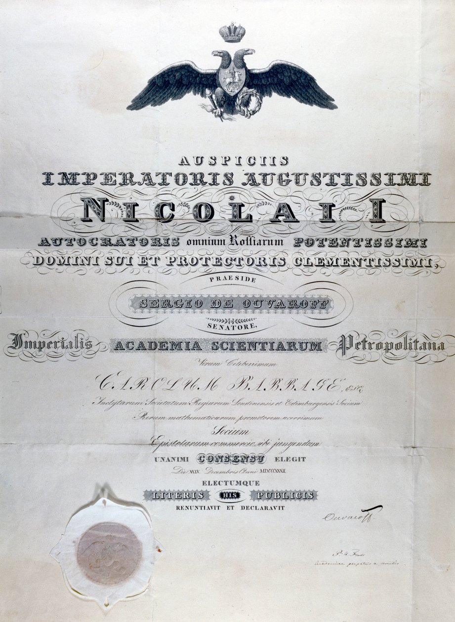 Babbage diploma a Petropolitana Imperial Science Academy-től alkotó: Unbekannt