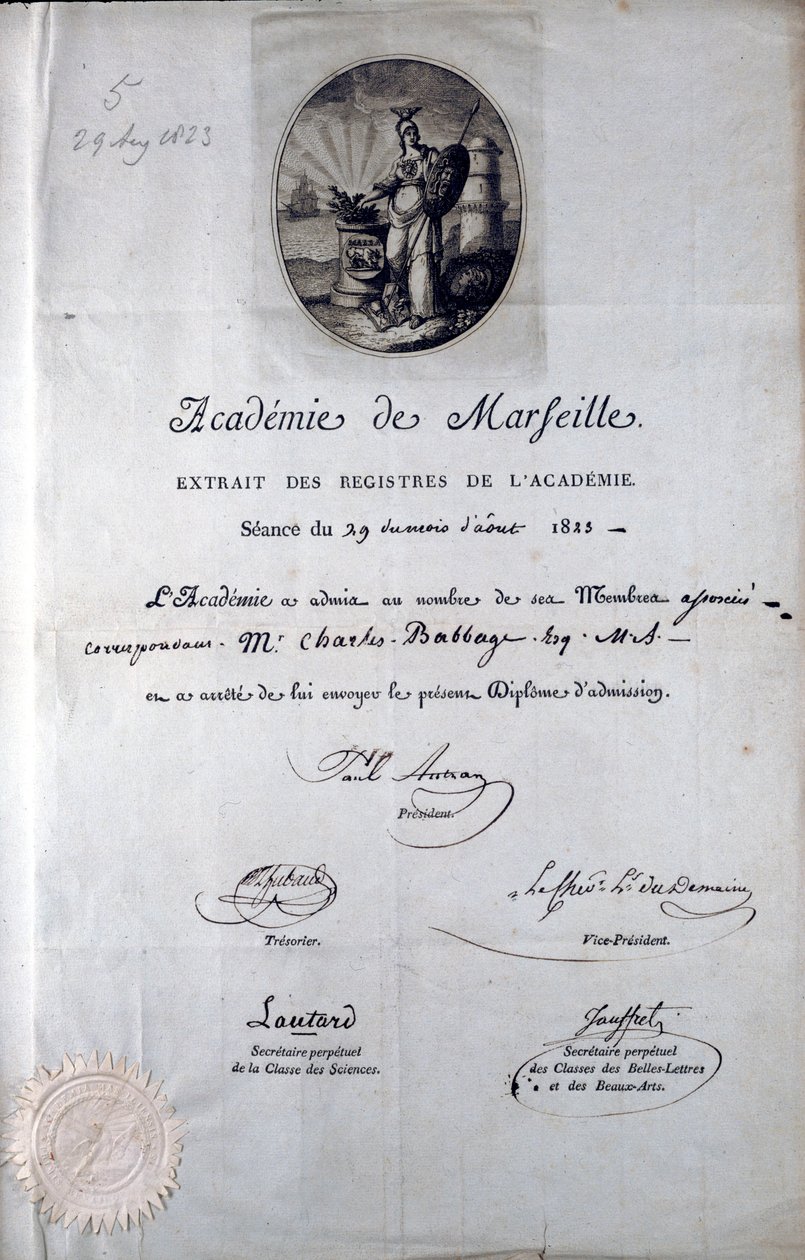 Babbage Diploma az Academie de Marseilles-től alkotó: Unbekannt