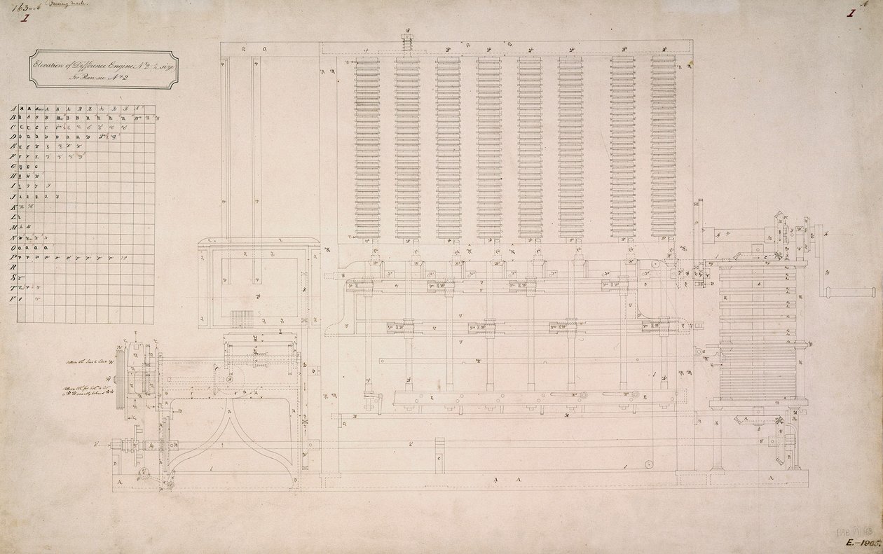 Babbage motorok, különbségi rajz a Difference Engine No 2 oldalnézetéről alkotó: Unbekannt